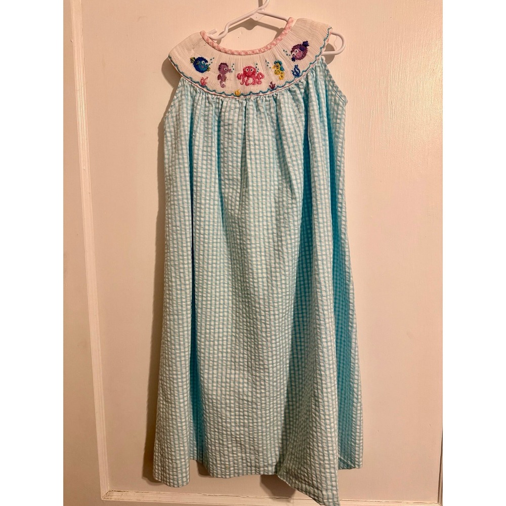 ZUCCINI BLUE Plaid COTTON SMOCKED Under The Sea Creatures Fish DRESS 6X